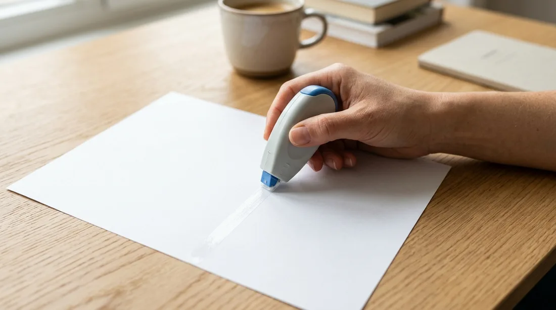 Hand zieht einen Kleberoller in einer geraden Spur über ein Blatt Papier