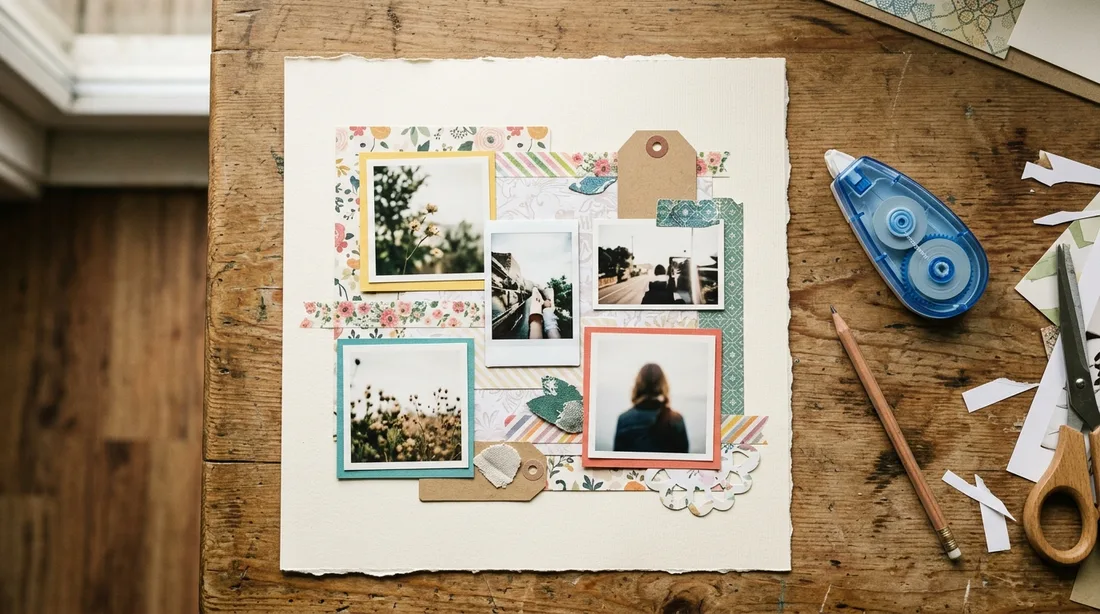 Fotos, Papierbögen und ein Kleberoller auf einer Scrapbooking-Seite